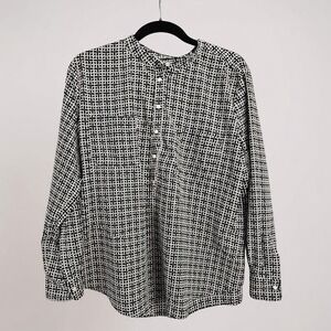Joe Fresh Blouse Women XL‎ Black White Geometric Band Collar Long Sleeve Pocket